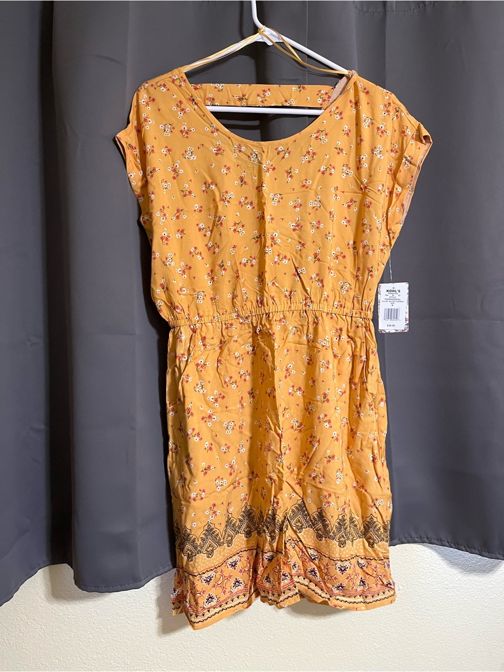 Pink Republic Mustard Yellow Floral Short Sleeve Border-Hem Dress